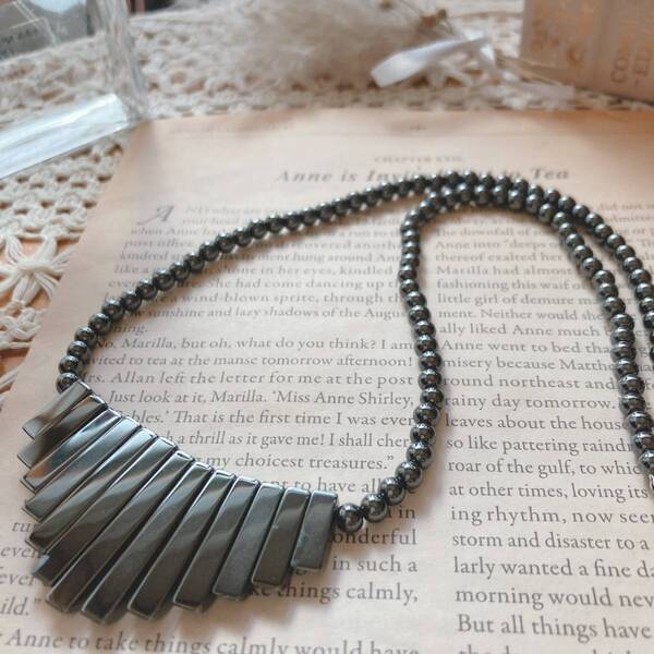 美品 シックなネックレス メタリック ダークグレー Japan Vintage jewelry accessories 0296