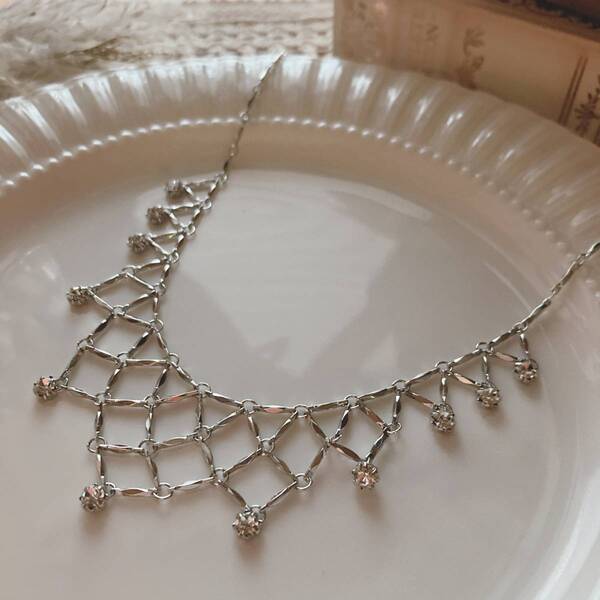 ネックレス プリンセス ダイヤ風 シルバーカラー フォーマル パーティー 高見え 美品 Vintage jewelry accessories 0337