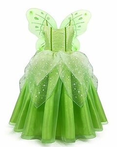 ティンカーベル ドレス（妖精 コスチューム 子供+蝶の翼）2点セット Tinkbell 妖精 フェアリーガール プリンセス ドレス
