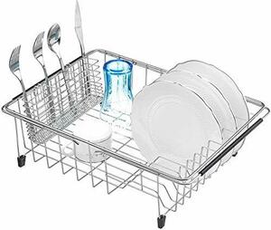 SANNO 伸縮水切りかご スライド式水切りバスケット 食器水切りかご キッチンラック カトラリーホルダー付き