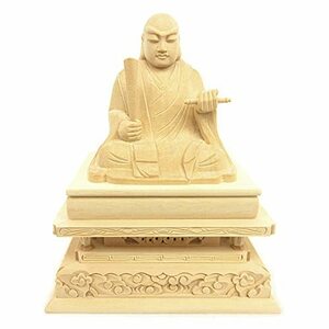 栗田仏像ブランド【祖師高僧】日蓮聖人座像3.0寸（総高19cm、幅15cm、台奥行き10.5cm）桧木製高級木彫り 四角台