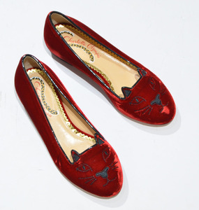 Charlotte Olympia シャーロットオリンピア KITTY 猫刺繍 フラット シューズ ベロア パンプス レッド 34 1/2 Y-313776