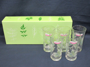 ★YC6244　未使用品　ADERIA GLASS　菊川怜　一口グラス　5客セット　葉模様　コップ　グラス　タンブラー　レトロ　送料無料★