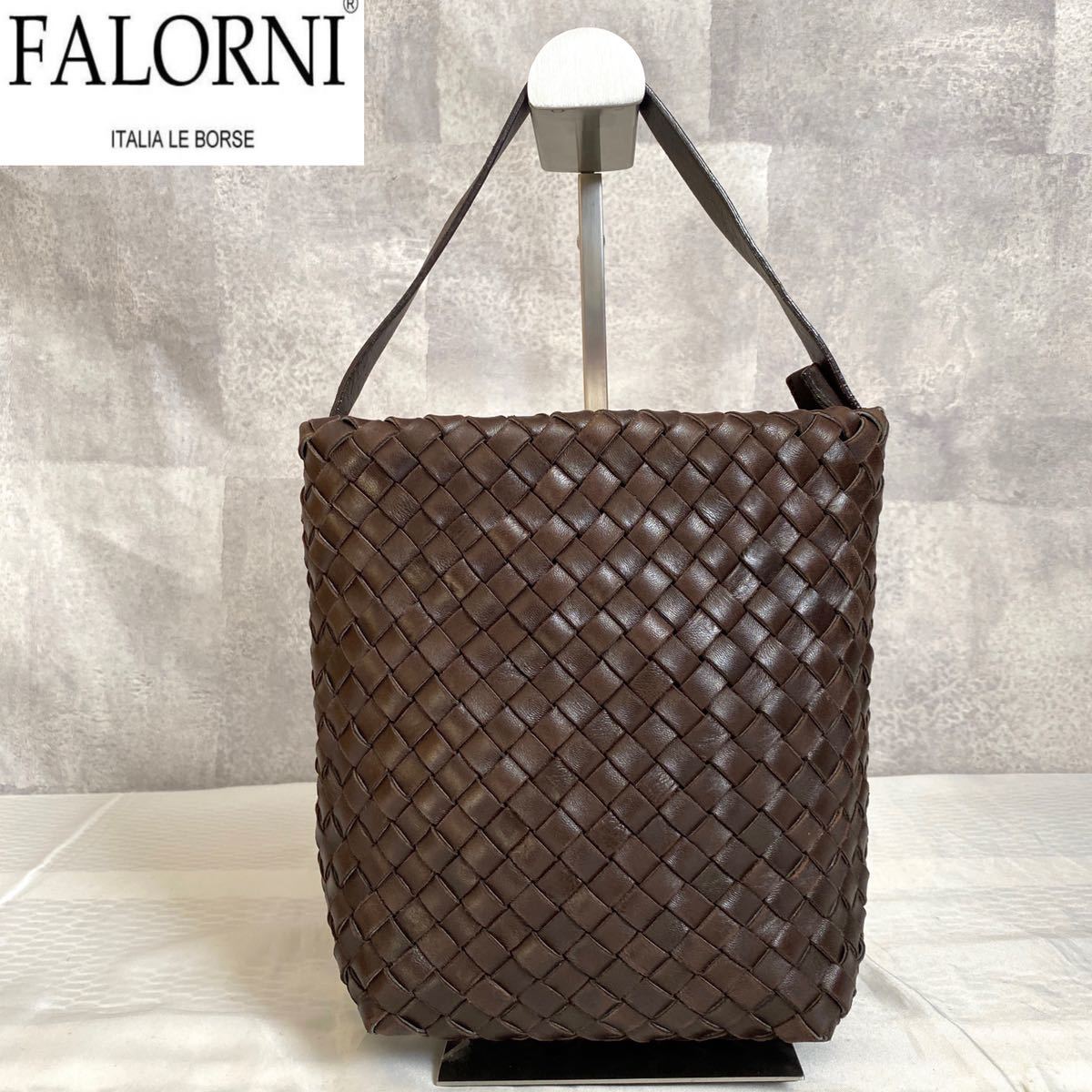 極美品】FALORNI イントレチャート キャメルブラウン レザートート