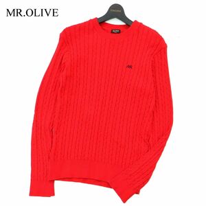 MR.OLIVE ミスターオリーブ 通年 MR刺繍★ ケーブル編み コットン ニット セーター Sz.S　メンズ 赤 日本製　A2T12098_A#K