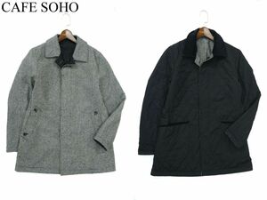 CAFE SOHO カフェソーホー 2way リバーシブル★ 千鳥チェック 中綿 ステンカラー コート Sz.M　メンズ 黒　A2T12959_B#N