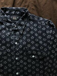 【希少】極美品 RRL BLACK INDIGO STAR WESTERN SHIRT ダブルアールエル ブラック インディゴ スター 総柄 ウエスタンシャツ シャツ S