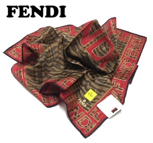 【FENDI】（NO.7125）フェンディ 大判　ハンカチ　レッド×ブラウン系　シルク混　レオパード柄 未使用　58cm　スカーフにも