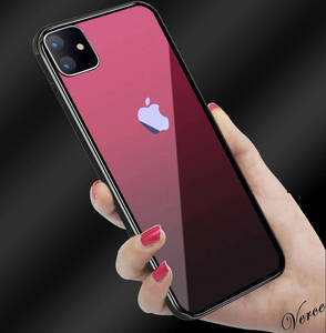 鮮やかなレッド透明グラデーション　 背面ガラスケース iPhone 11 6.1インチ TPU ストラップホール 耐衝撃 指紋防止 グリップ感