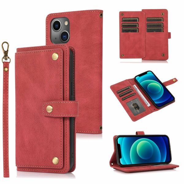 2020モデル iPhone12 mini レザーケース iPhone 12 mini ショルダーケース アイフォン12ミニ ケース ストラップ付き カード収納 手帳型 赤