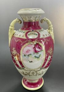 金盛、エナメルの状態良好 オールドノリタケ noritake 金盛薔薇紋両手花瓶 ジュール打ち メイプルリーフ アールヌーボー ヌーヴォー　