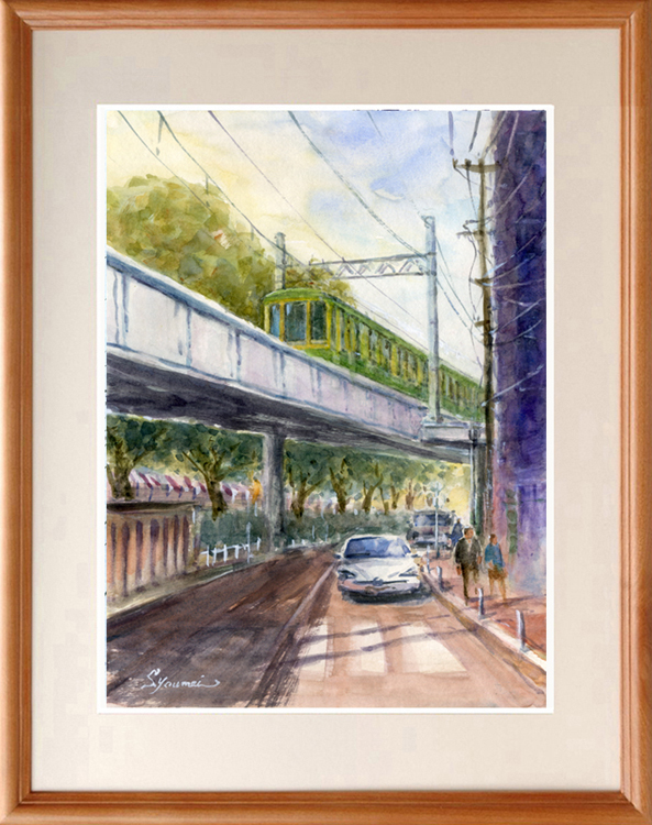 ★水彩画★原画｢江ノ電高架を走る･藤沢市｣#569, 絵画, 水彩, 自然, 風景画