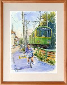 ★水彩画★原画｢電車が来た2｣#568, 絵画, 水彩, 自然, 風景画