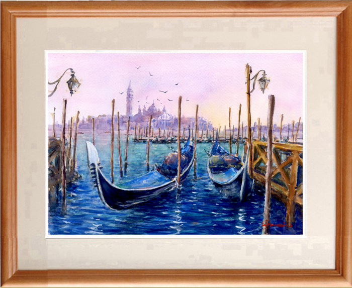 ★Aquarelle★Peinture originale Gondole de Venise #572, Peinture, aquarelle, Nature, Peinture de paysage