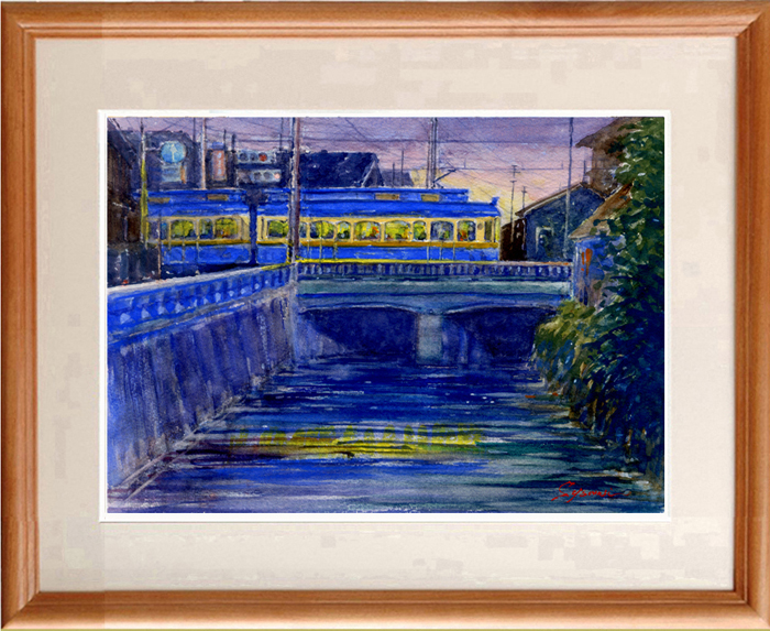 ★Aquarelle★Peinture originale Enoden. Traversée de la rivière Kobe au crépuscule #567, Peinture, aquarelle, Nature, Peinture de paysage