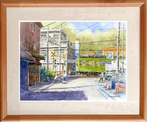 Art hand Auction ★水彩画★原画｢江ノ電･稲村ヶ崎駅前踏切｣#573, 絵画, 水彩, 自然, 風景画