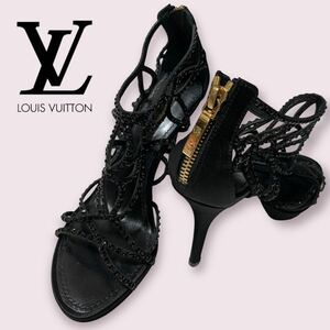 LOUIS VUITTON Tisha Crystal Studded Strappy Sandals Black ルイ ヴィトン ティシャ クリスタル スタッズ ストラップ サンダル 36 黒
