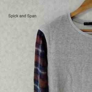 Spick & Span スピック＆スパン チェック袖 トレーナー スウェット トップス クルーネック カットオフ 長袖 カジュアル グレー SJJ51