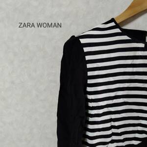 ZARA WOMAN ザラ ウーマン ストライプ カットソー トップス クルーネック 長袖 バックボタン カジュアル ブラック系 サイズL SJ215