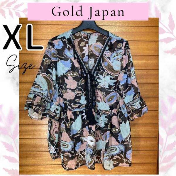 GoldJapan シフォン 花柄 ペイズリー トップス ブラウス ブラック 黒 ピンク フリンジ タッセル