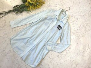 d971★ MILKFED. ミルクフェド ロゴ入り ストライプ ロング シャツ 水色 ライトブルー ドレスシャツ シャツワンピ モード系 長袖