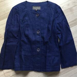 極美品 ローラアシュレイ LAURAASHLEY 素敵な麻100ノーカラージャケット サイズUK10 EUR36 USA6 青