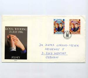 英領 ジャージー JERSEY 1986年◆アンドリュー王子の結婚 FDC 初日 公式 エンタイア 封書 1枚 綺麗 送料無料 ◆x-203