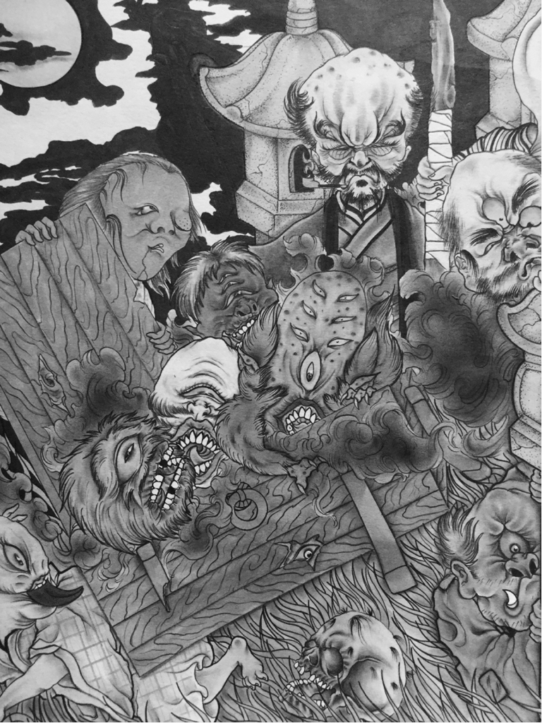 [Monochrome] Commemorative photo of monsters, painting, Japanese painting, others