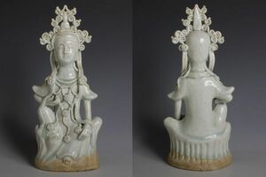 NK25394 中国陶器 影青 青白磁観音刻像 陶像 検:青白瓷 影青 白磁 中国 古玩 唐物 仏教美術
