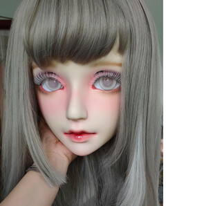 二次元美少女 コスプレマスク KIGURUMI変身 仮装 着ぐるみ 樹脂製白目 ハーフマスク ヘッドロリータ人形 眼球・髪スタイル付きの画像2