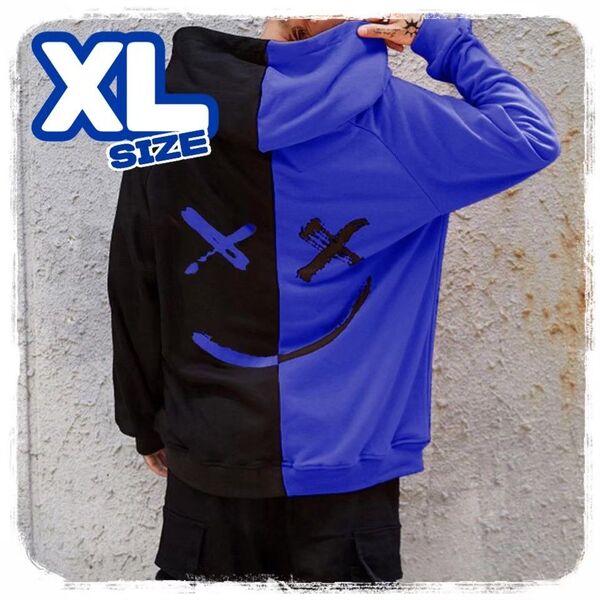 オーバーサイズ パーカー XL ブラック ブルー 韓国 人気 ユニセックス ビッグシルエット プルオーバー 裏起毛