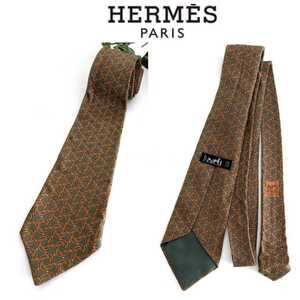 良品 HERMES ヴィンテージ エルメス シルク ネクタイ クラシック チェーン 柄 カーキ グリーン 緑 ブラウン ベージュ ゴールド フランス製