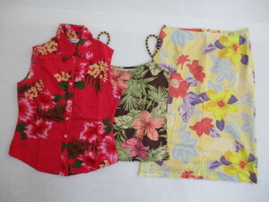 【お買得】★アロハ柄レディース服3点セット★①LAZY DAISY/ベスト/赤　②Sky Bomber/キャミソール/茶　③NICE CLAUP/スカート/黄