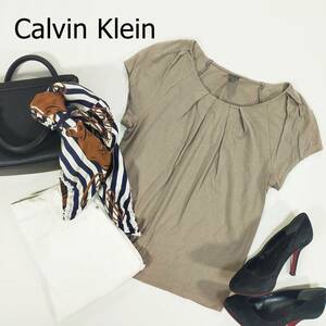カルバンクライン Calvin Klein カットソー サイズ4 XL ブラウンベージュ 半袖 プルオーバー ギャザー オフィスカジュアル レーヨン 2022