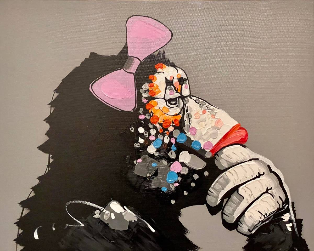 [Reproduktion] Großes Banksy Stilvolles Schimpansen-Kunstwerk, zeitgenössische Kunst, neue moderne Kunst, Tafelgemälde, Holzrahmen, Wandgemälde, Bild, 40 x 50 cm, Kunstwerk, Malerei, Andere