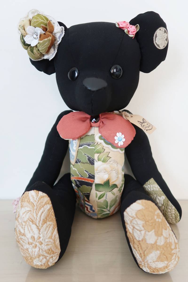 ★独一无二的和服艺术家手工制作的毛绒玩具熊(大)约。 38.5厘米, 绿花装饰★, 动物, 熊, 一般熊