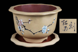 中国古玩 唐物 朱泥梅彫刻外縁輪花形鉢 在銘 蘭鉢 植木鉢 古美術品（白泥紫泥盆栽）C694