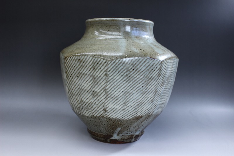 d578 技工名品 人間国宝 島岡達三 作 地釉象嵌 縄文 壷 共箱 栞付 高さ