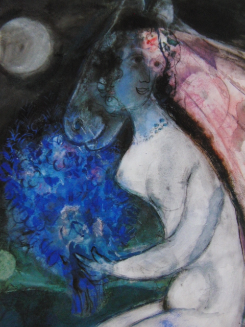 Marc Chagall, [Mondlicht], Aus einer seltenen Kunstsammlung, In guter Kondition, Nagelneu mit hochwertigem Rahmen, Kostenloser Versand, Marc Chagall Pastell Gouache, Malerei, Aquarell, Porträts