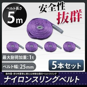 【5本セット】ナイロンスリングベルト 5m 幅25mm 荷重1000kg 1t 玉掛け ベルトスリング 吊上げ ロープ 牽引