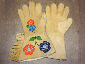 ビンテージ~30's●ネイティブアメリカン花ビーズ刺繍コットンガントレットグローブ●221109i1-m-glv 20sインディアン手袋アンティーク
