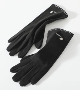 レディース手袋 (N182)スマホタッチ対応　軽くて暖かい起毛素材　シンプル刺　黒