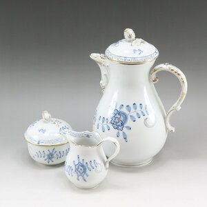 Meissen マイセン インディアン ミドルブルー ポット＆シュガーボウル＆クリーマー 340210 食器 _【Y211222001】中古