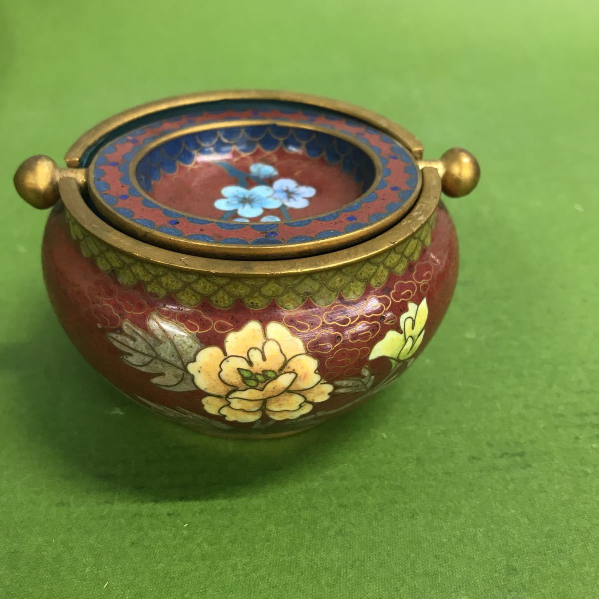錦雲軒 稲葉七宝 玉形耳付古代文 七宝香炉 茶道具 香道具