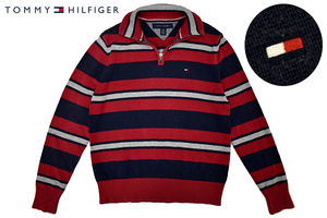 Y-5056★美品★TOMMY HILFIGER トミーヒルフィガー★正規品 胸ロゴ刺繍 ボーダー ハーフジップ コットン ニット 長袖 セーター ＸＳ