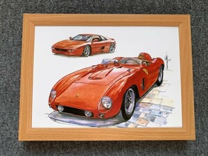 ■BOW。池田和弘『Ferrari 500TR & Ferrari F355』B5サイズ 額入り 貴重イラスト 印刷物 ポスター風デザイン 額装品 アートフレーム 旧車