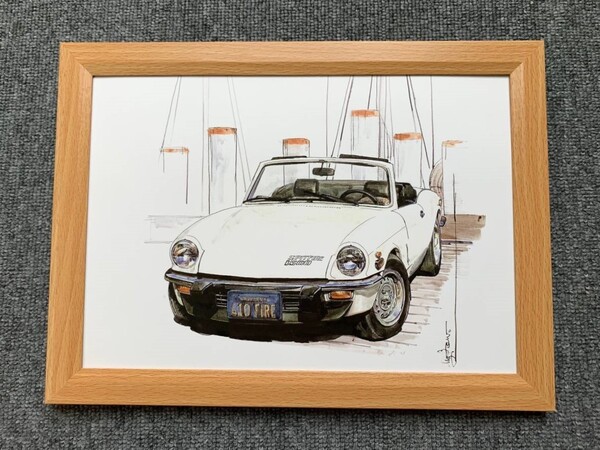 ■BOW。池田和弘『Triumph Spitfire 1500』B5サイズ 額入り 貴重イラスト 印刷物 ポスター風デザイン 額装品 アートフレーム 旧車