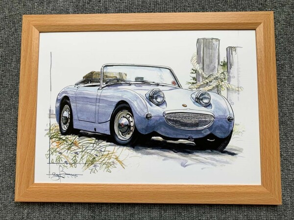 ■BOW。池田和弘『Austin Healey Sprite Mk-1』B5サイズ 額入り 貴重イラスト 印刷物 ポスター風デザイン 額装品 アートフレーム 旧車