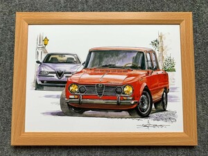 ■BOW。池田和弘『Alfa Romeo Giulia Ti Super』B5サイズ 額入り 貴重イラスト 印刷物 ポスター風デザイン 額装品 アートフレーム 旧車