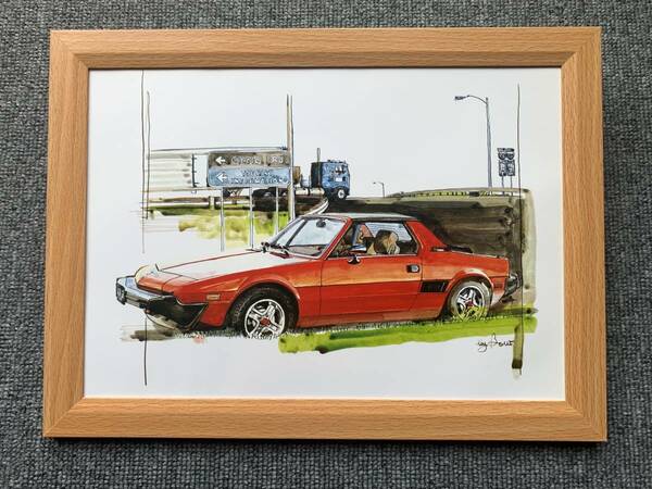 ■BOW。池田和弘『Fiat X1/9』B5サイズ 額入り 貴重イラスト 印刷物 ポスター風デザイン 額装品 アートフレーム 旧車